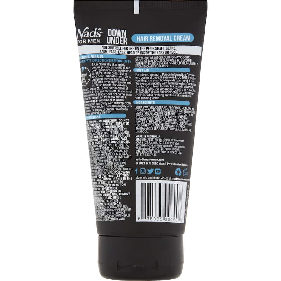 Nad's For Men Down Under Hair Removal Cream in a tube for quick, painless hair removal in sensitive areas, ideal for men.