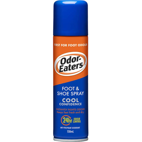 Odor Eaters Foot & Shoe Cool Confidence spray fights foot odor, keeps shoes fresh and dry, ideal for active lifestyles.