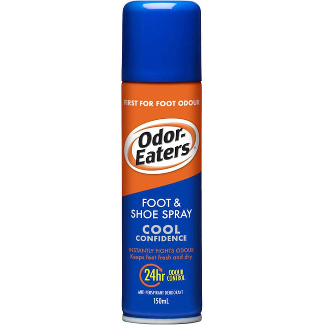 Odor Eaters Foot & Shoe Cool Confidence spray fights foot odor, keeps shoes fresh and dry, ideal for active lifestyles.