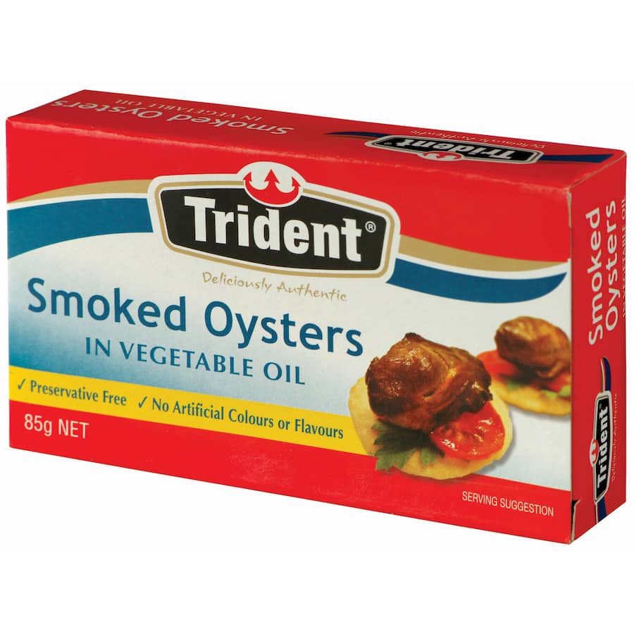 Whole smoked oysters in vegetable oil, offering rich flavor and versatility for gourmet snacks and antipasto platters.