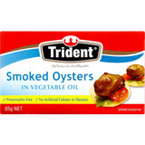 Canned Trident Oysters Whole Smoked in Vegetable Oil, perfect for gourmet snacking and antipasto platters.