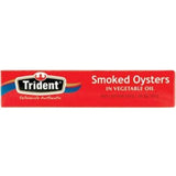 Canned Trident Oysters Whole Smoked in Vegetable Oil, offering rich flavor and versatility for gourmet snacks and platters.