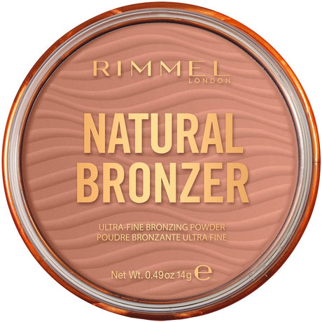 Rimmel Natural Bronzer Sunlight 001, a velvety and waterproof powder for a sun-kissed glow and seamless contouring.