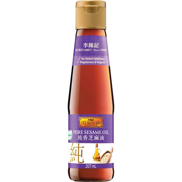 Lee Kum Kee Pure Sesame Oil: gluten-free cooking oil made from roasted sesame seeds, perfect for enhancing flavors in Asian dishes.