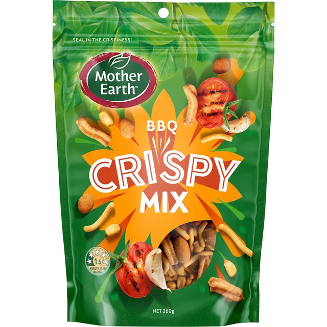 Mother Earth Crispy Mix BBQ: a crunchy snack mix of peanuts, corn, noodles, and soy crisps with bold BBQ flavor.