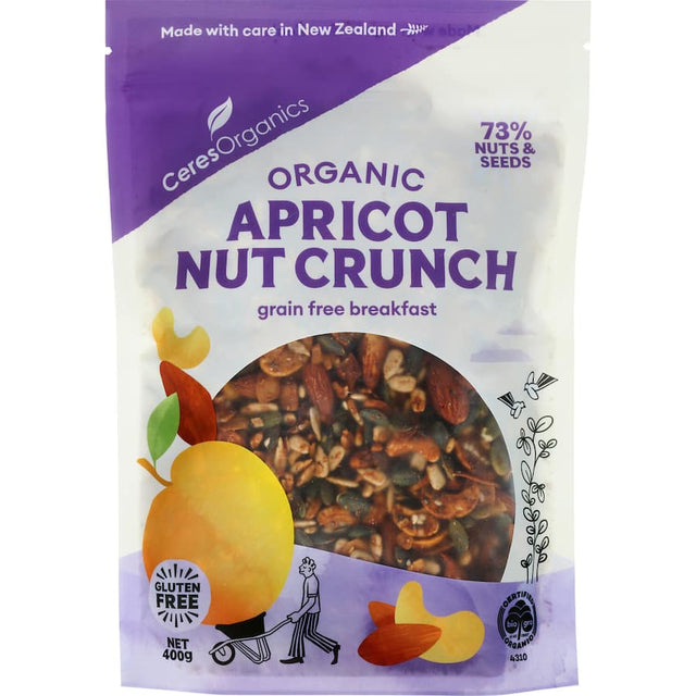 Ceres Organics Grain Free Muesli with crunchy cashews, almonds, and sweet apricots, perfect for a nutritious breakfast.