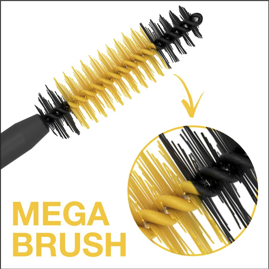 Maybelline Colossal Mascara 36hr waterproof, featuring a Mega Brush for bold, volumized lashes that resist smudging and flaking.