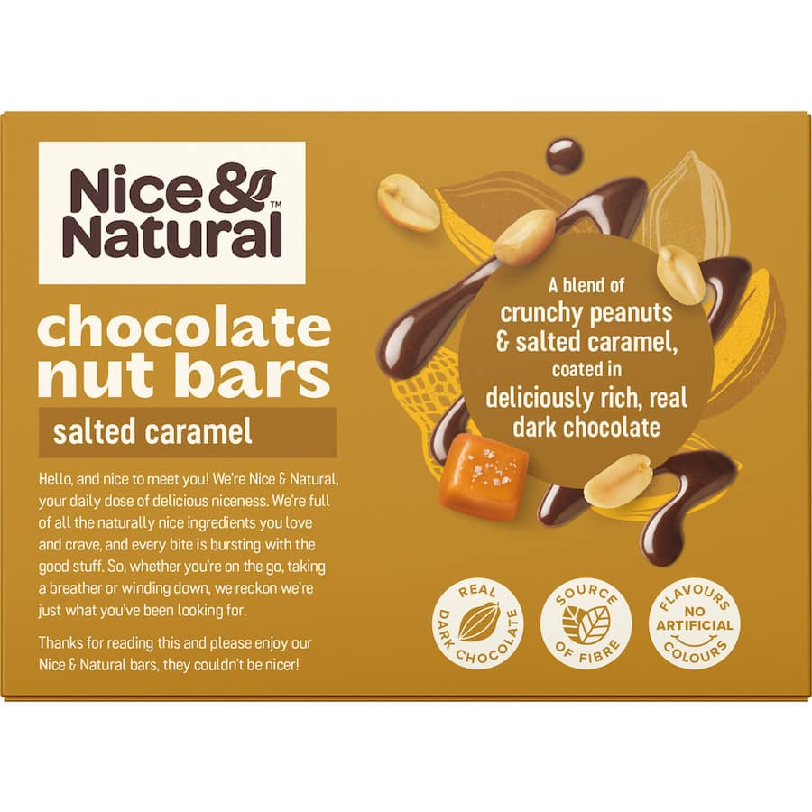 Nice & Natural Chocolate Salted Caramel Nut Bar featuring rich dark chocolate and crunchy nuts, ideal for healthy snacking.