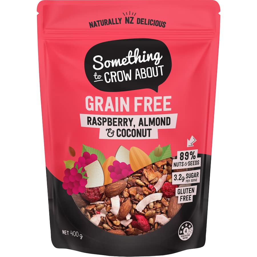 Handcrafted muesli with raspberries, almonds, and coconut for a delicious, gluten-free breakfast blend.