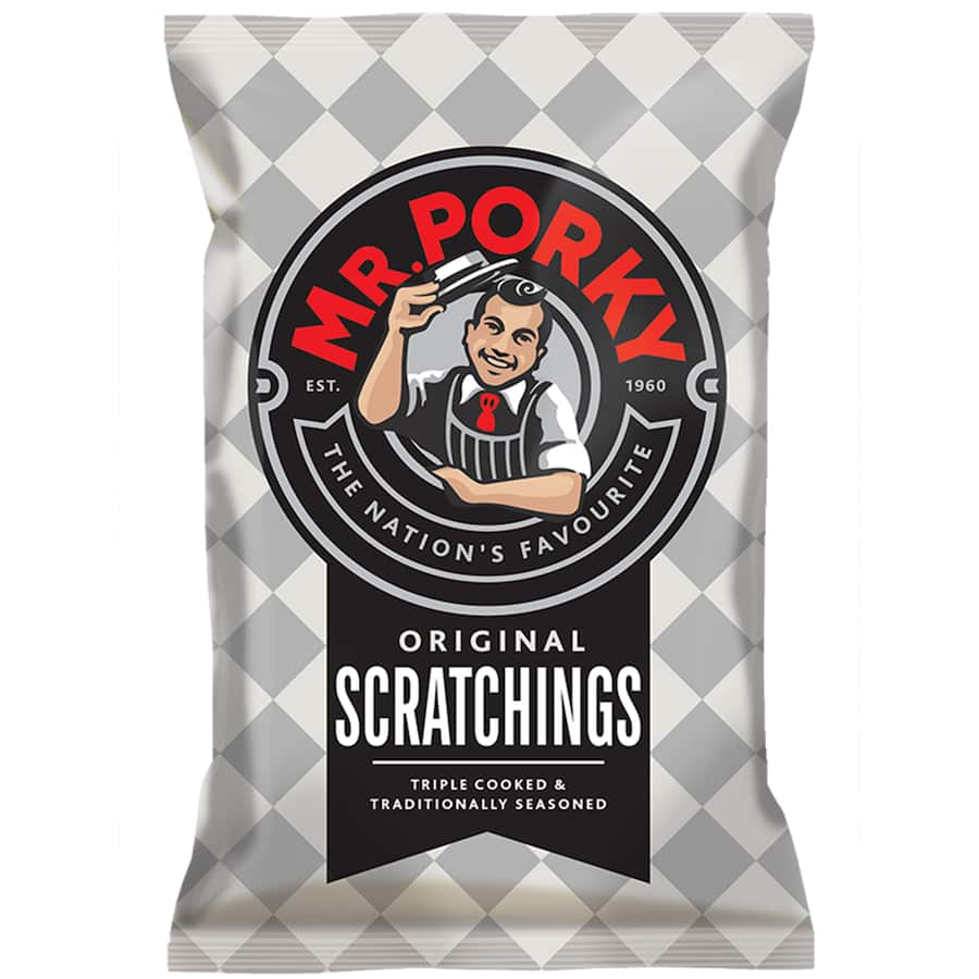 Crispy Mr Porky Original Pork Scratchings Silver, a gluten-free, protein-rich snack with unbeatable flavor in a 55g pack.