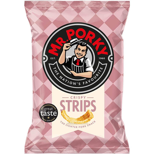 Crispy pork strips in pink packaging, offering delicious flavor, protein, and gluten-free snacking for pork lovers.