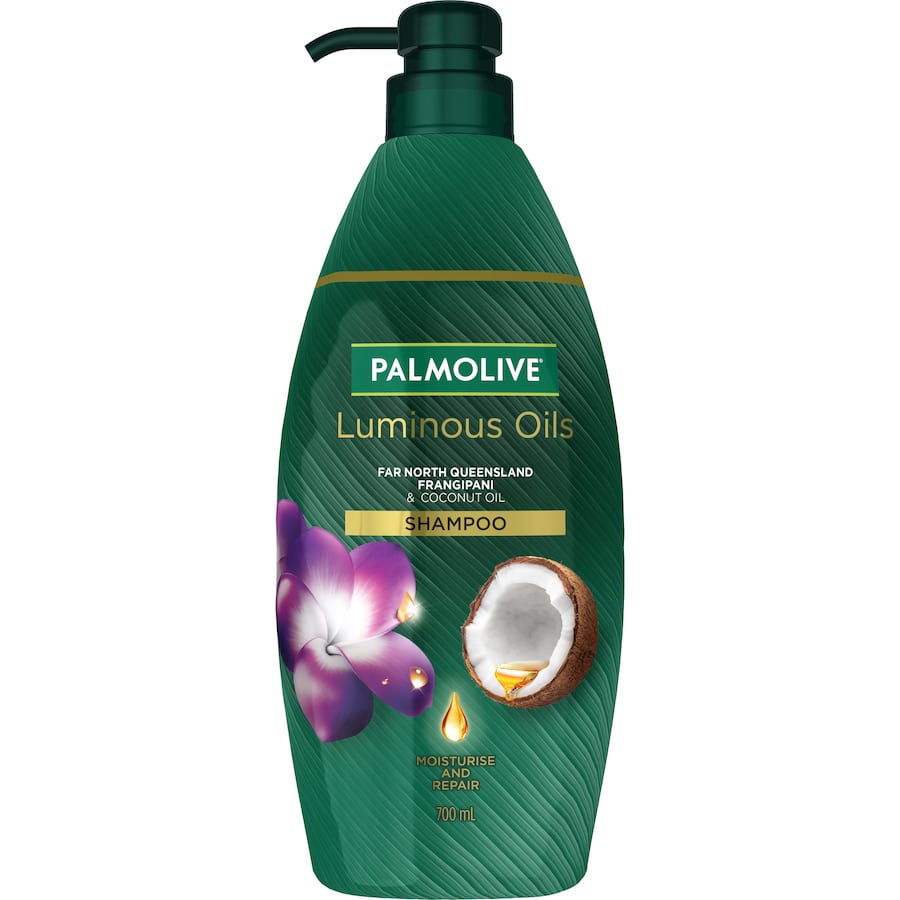 Luxurious Palmolive Luminous Oils Shampoo with Coconut Oil and Frangipani for revitalized, soft, and shiny hair.