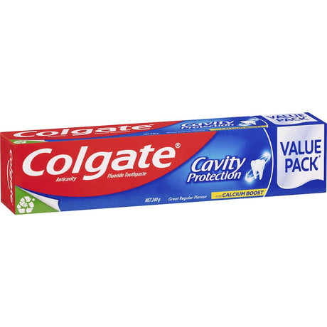 Colgate Cavity Protection Toothpaste value pack, vegan and gluten-free, enhances oral health with natural calcium for strong smiles.