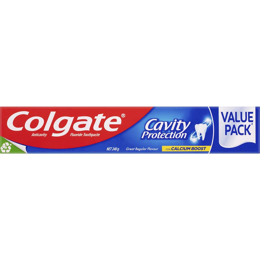 Colgate Cavity Protection Toothpaste pack offers cavity defense, natural calcium, vegan, sugar-free, and eco-friendly features.