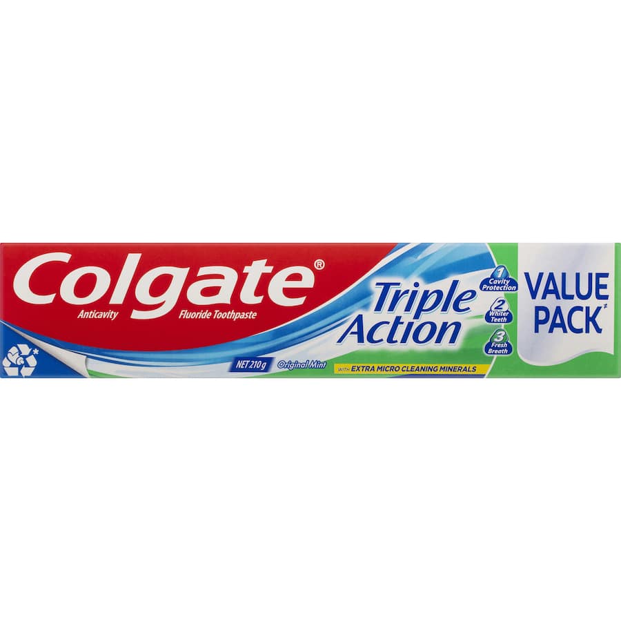 Colgate Triple Action Toothpaste in Original Mint, offers cavity protection, whitening, and fresh breath in a recyclable tube.