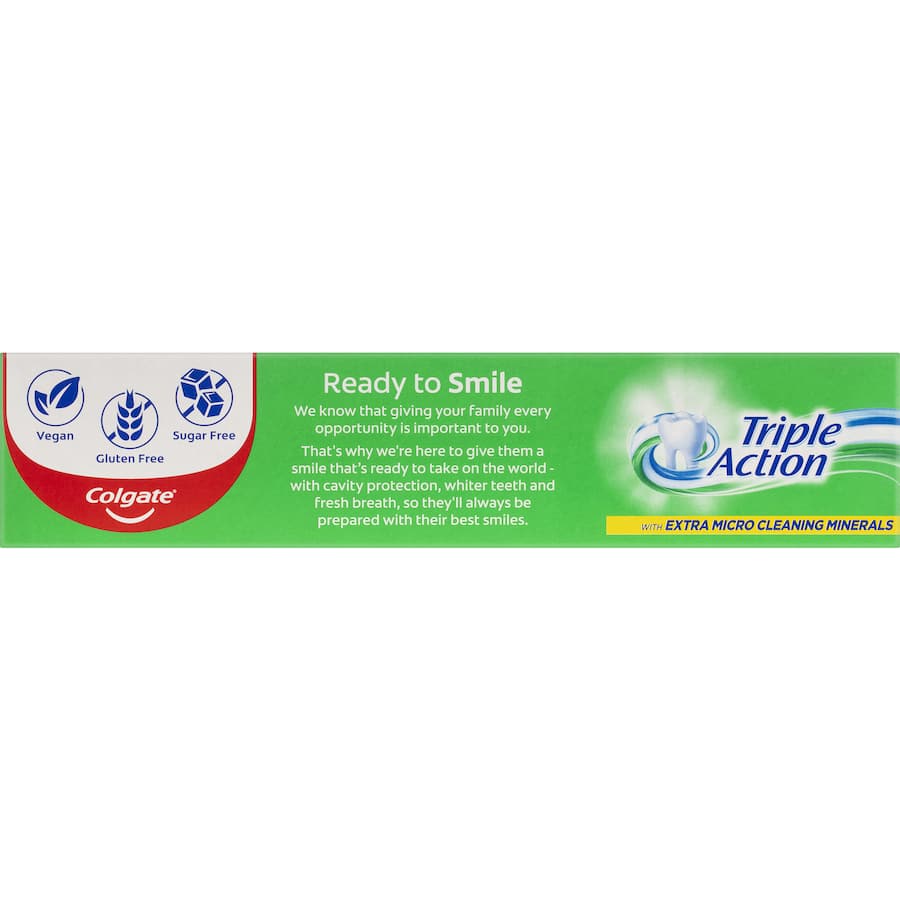 Colgate Triple Action Toothpaste in mint flavor, promoting cavity protection, whitening, and fresh breath in a recyclable tube.