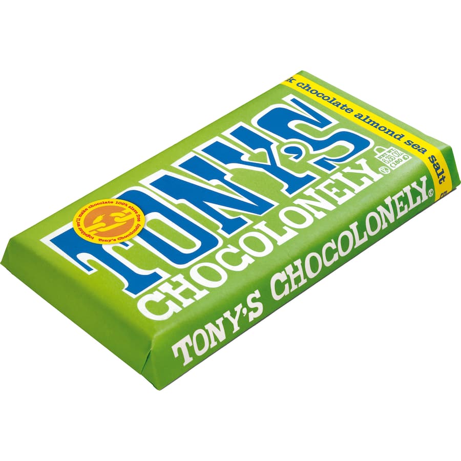 Tony's Chocolonely Dark Almond Chocolate bar with rich dark chocolate, crunchy almonds, and a hint of sea salt, ethically sourced.