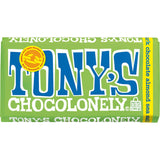 Tony's Chocolonely Dark Almond Chocolate bar with rich dark chocolate, crunchy almonds, and a hint of sea salt. Ethical indulgence.