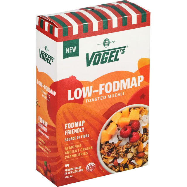 A nutritious bowl of Vogels Muesli Low-fodmap featuring oats, almonds, seeds, and cranberries for a wholesome breakfast.