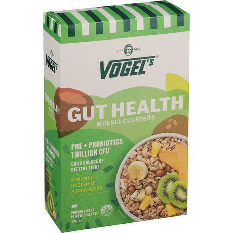 Vogels Muesli Clusters Gut Health features a low-FODMAP blend of nuts, fruits, and seeds for a crunchy, gut-friendly breakfast.