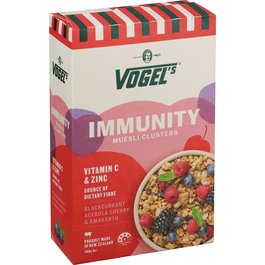 Vogels Muesli Clusters Immunity: nutritious gluten-free blend with millet, buckwheat, coconut, and chia seeds for immune support.