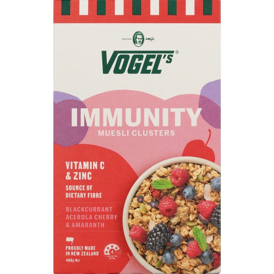 Vogel's Muesli Clusters Immunity: nutritious gluten-free blend with millet, buckwheat, coconut, chia, and fortified with nuts and seeds.