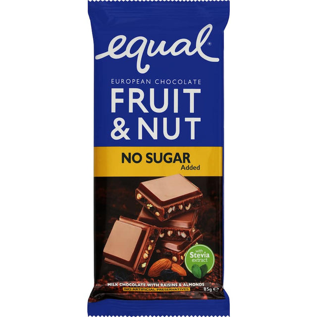 Delicious Equal European Chocolate with fruit and nuts, made from 100% milk chocolate, no added sugar, guilt-free treat.