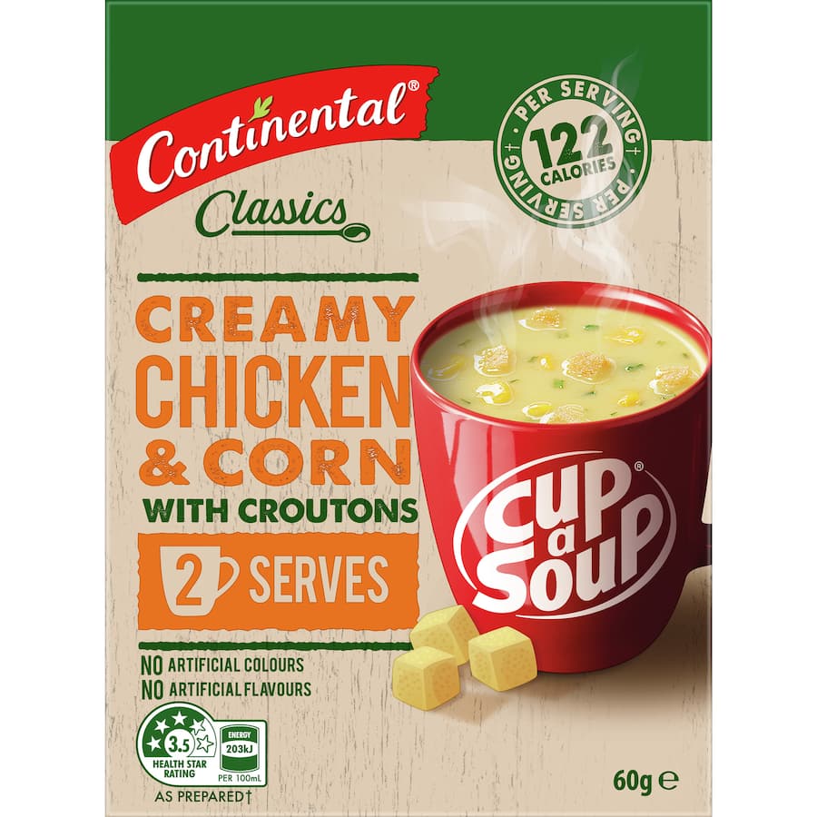 Creamy chicken and corn soup with croutons in a cup, made with sustainable ingredients and free from artificial additives.