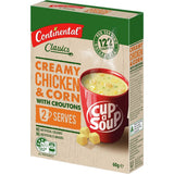 Creamy chicken and corn soup with croutons in a cup, made with sustainably sourced ingredients, easy to prepare snack.