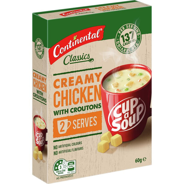 Creamy chicken instant soup with croutons for a comforting dining experience in a convenient 60g package.