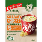 Creamy chicken instant soup with croutons, offering a comforting and convenient meal option.