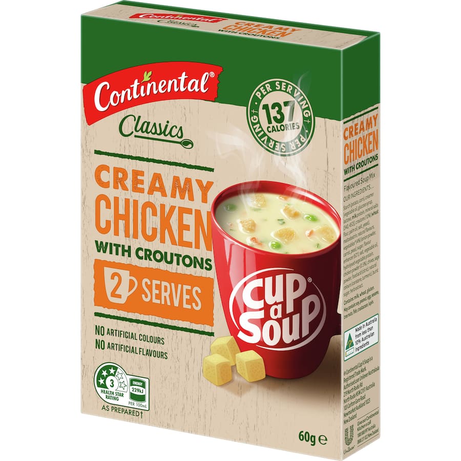 Creamy chicken instant soup mix with croutons for a quick and comforting meal.