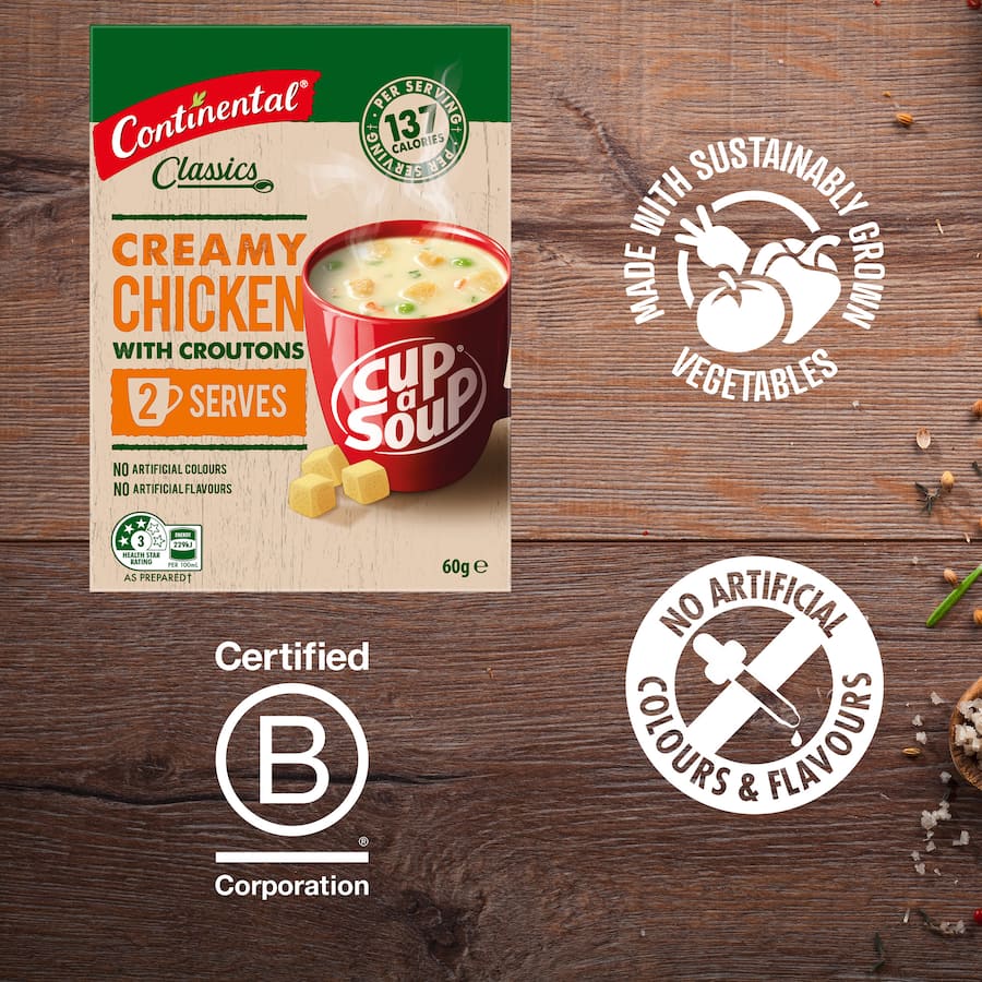 Creamy chicken instant soup with croutons, comforting flavor in a convenient 60g package.