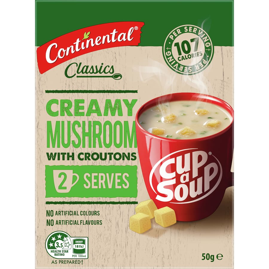 Creamy mushroom soup cup with croutons, offering rich flavor and convenience—just add boiling water for a quick snack.