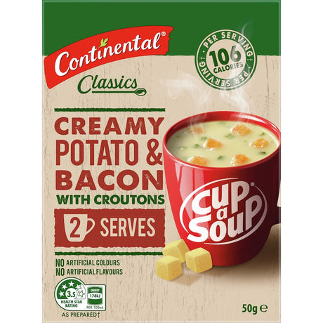 Creamy potato and bacon instant soup with croutons, perfect for a quick and satisfying snack or meal.