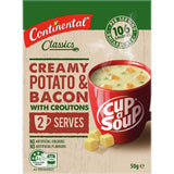 A steaming cup of Continental Cup A Soup featuring creamy potato, bacon, and crunchy croutons for a satisfying snack.