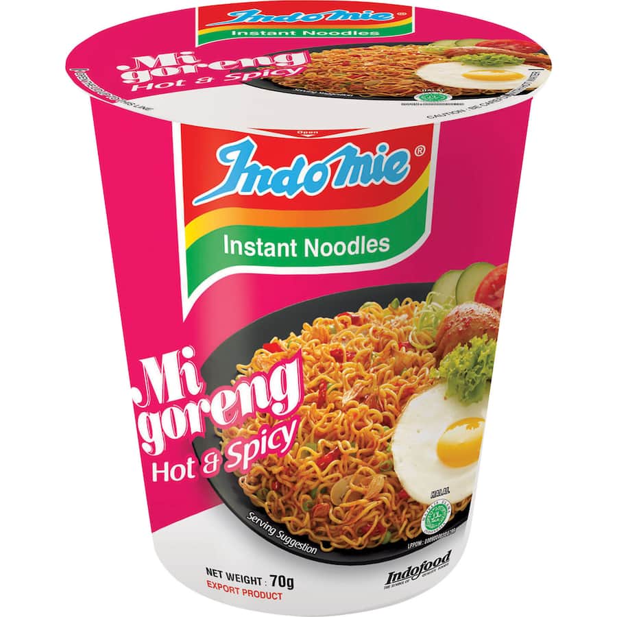 Indomie Instant Noodles Cup Mi Goreng Hot & Spicy, featuring bold flavors and a fiery essence for a quick, satisfying meal.