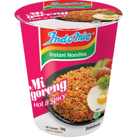 Indomie Instant Noodles Cup Mi Goreng Hot & Spicy, featuring bold flavors and a fiery essence for a quick, satisfying meal.