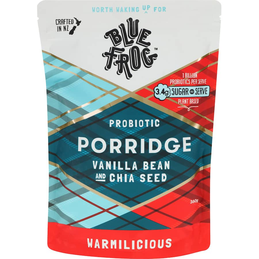 Nutritious Blue Frog Probiotic Porridge with vanilla bean and chia seeds, offering gut health and delicious flavor in every bite.