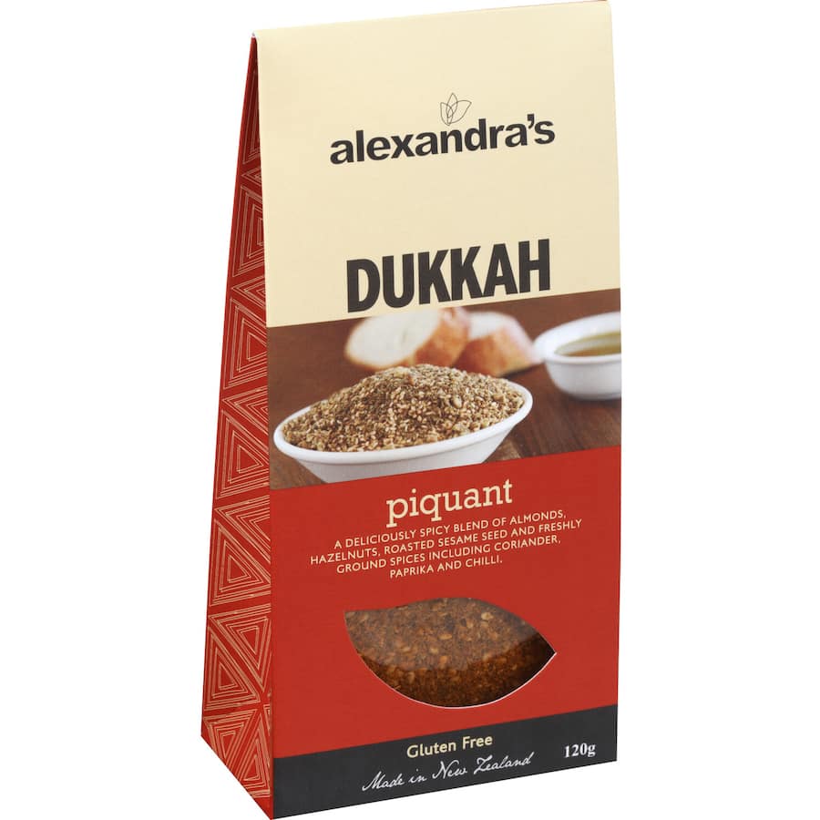 Aromatic Alexandra's Dukkah Piquant featuring almonds, hazelnuts, sesame seeds, and spices for a flavorful culinary boost.