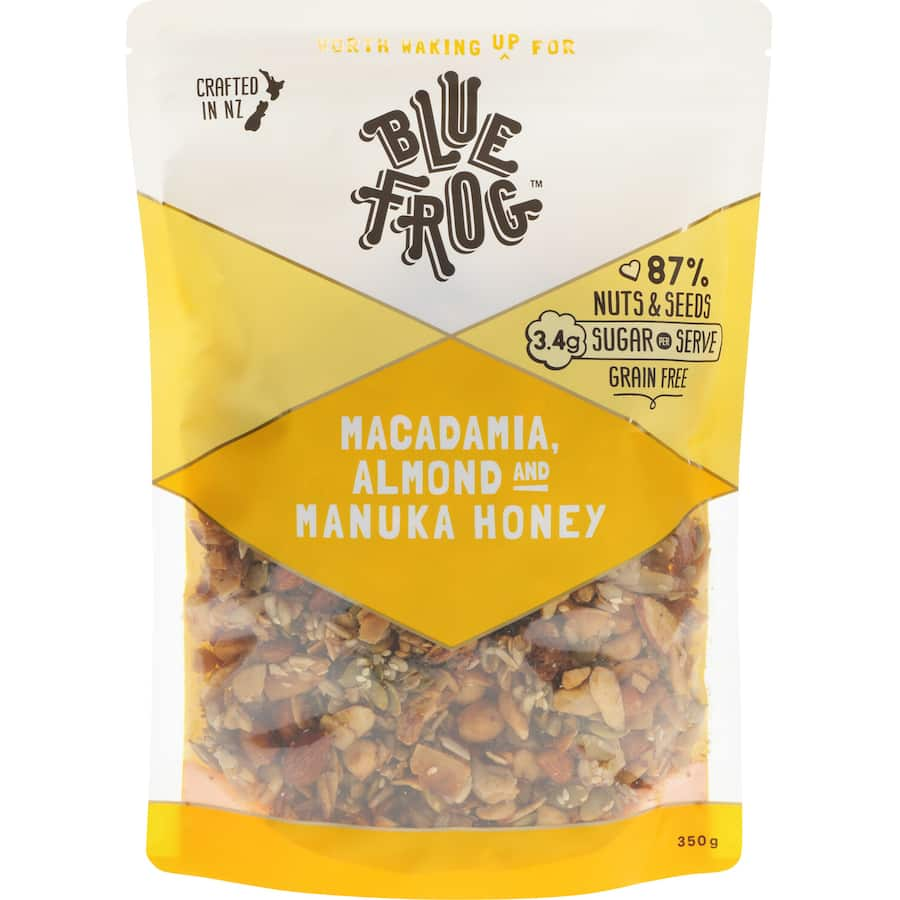 Delicious Blue Frog cereal featuring macadamia, almond, and Manuka honey, keto-friendly with 87% nuts and low sugar.