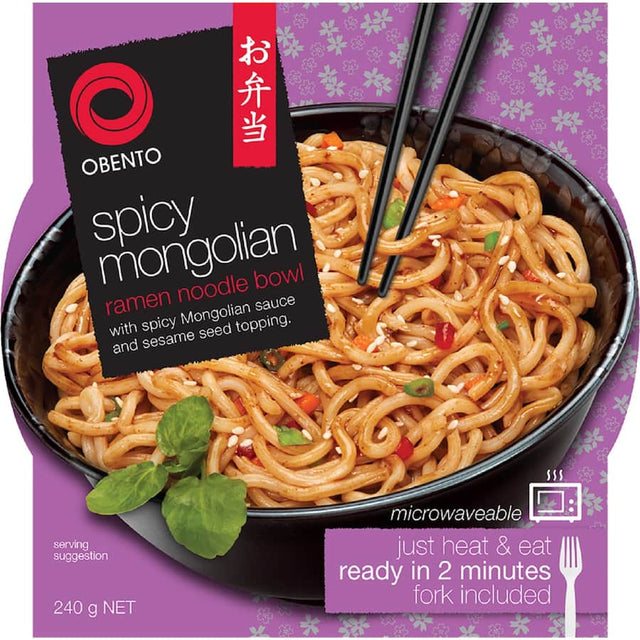 Obento Instant Noodles Spicy Mongolian Bowl with sesame seed topping, perfect for a quick and flavorful meal.