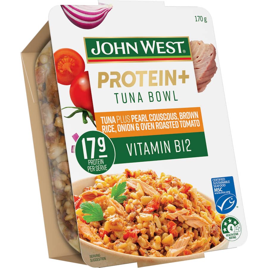 John West Protein+ Tuna Roasted Tomato & Onion in a can, offering high-quality protein and savory flavor for healthy meals.