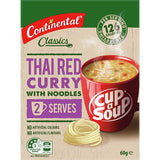 Cup of Continental Thai Red Curry instant soup, featuring vibrant spices, sustainable ingredients, and 3.5 Health Star Rating.