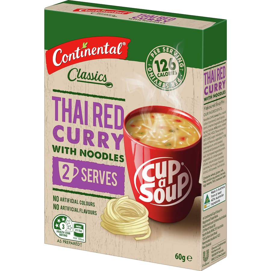 Instant Thai Red Curry soup in a cup, rich in authentic flavors, made with sustainably grown wheat, just add boiling water.