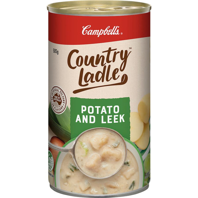 Canned potato and leek soup featuring wholesome ingredients, 97% fat-free, perfect for quick, comforting meals.