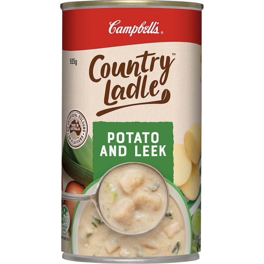 Canned potato and leek soup with 97% fat-free, no preservatives, and 1.5 servings of vegetables per bowl.