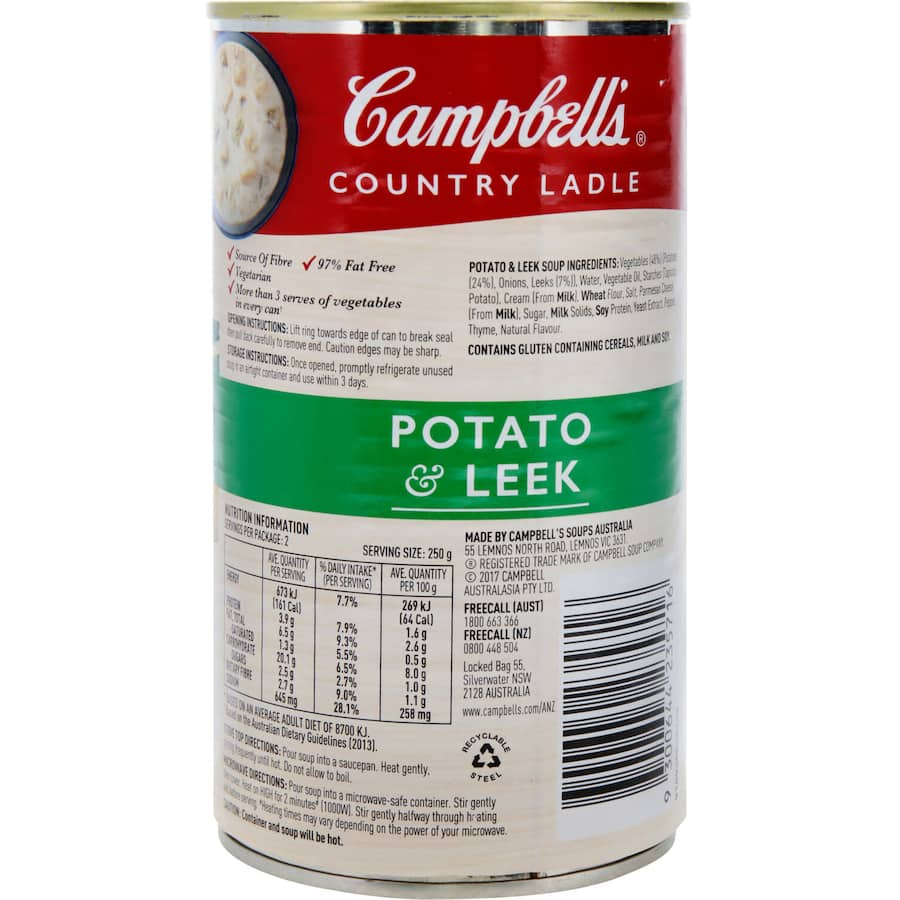 Hearty Campbell's Country Ladle Potato & Leek Soup, 97% fat-free with wholesome ingredients and 1.5 servings of vegetables.