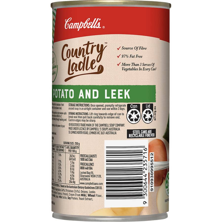 Canned Potato & Leek Soup by Campbell's, 97% fat-free, wholesome blend of potatoes and leeks, no preservatives, quick meal.