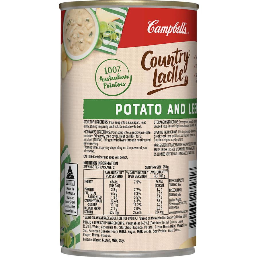 Campbell's Country Ladle Potato & Leek Soup, 97% fat-free, rich in veggies, perfect for quick and comforting meals.